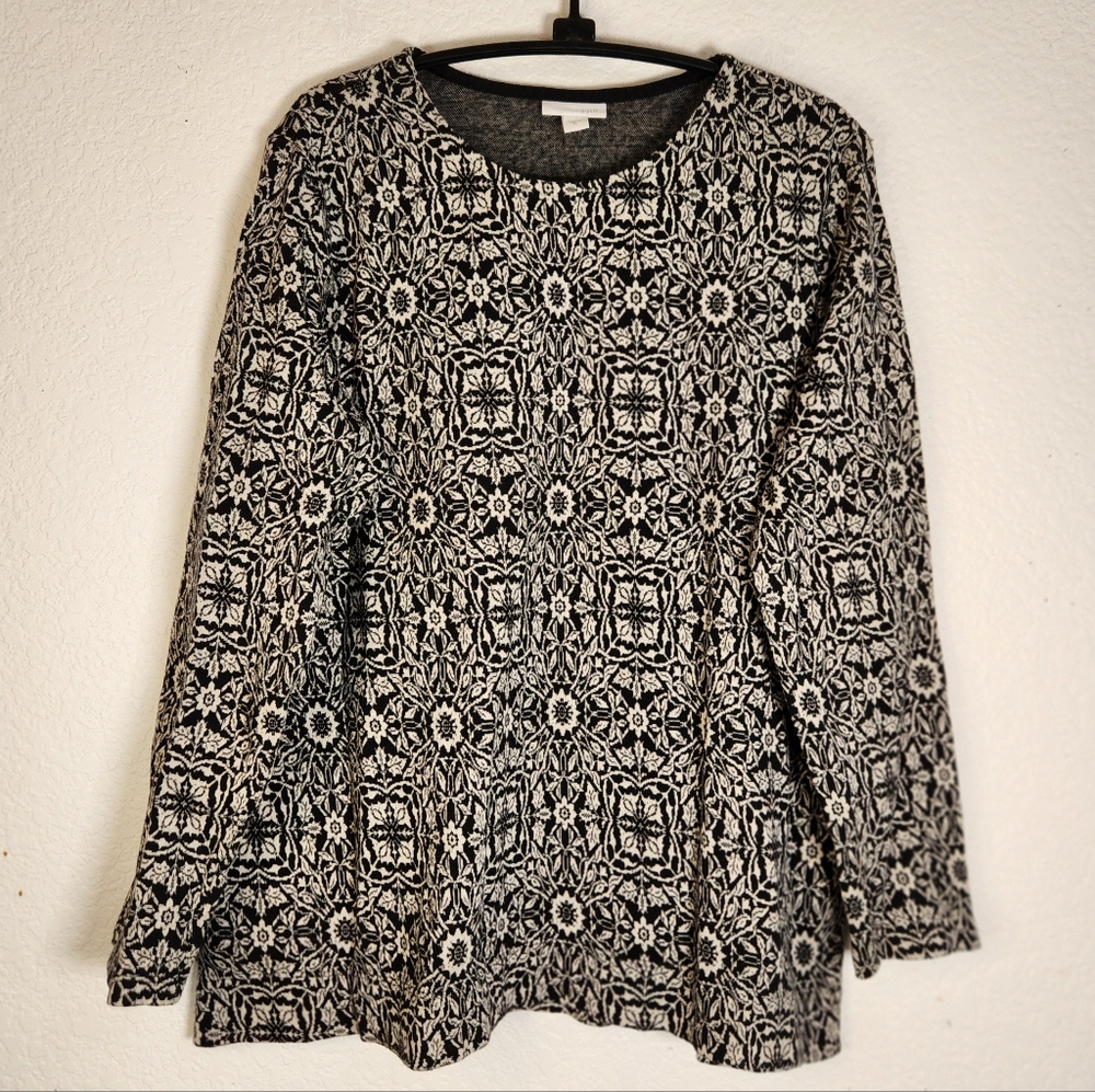 J. Jill Black and White Floral Patterned Women's Long Sleeve Sweater, Size M‎